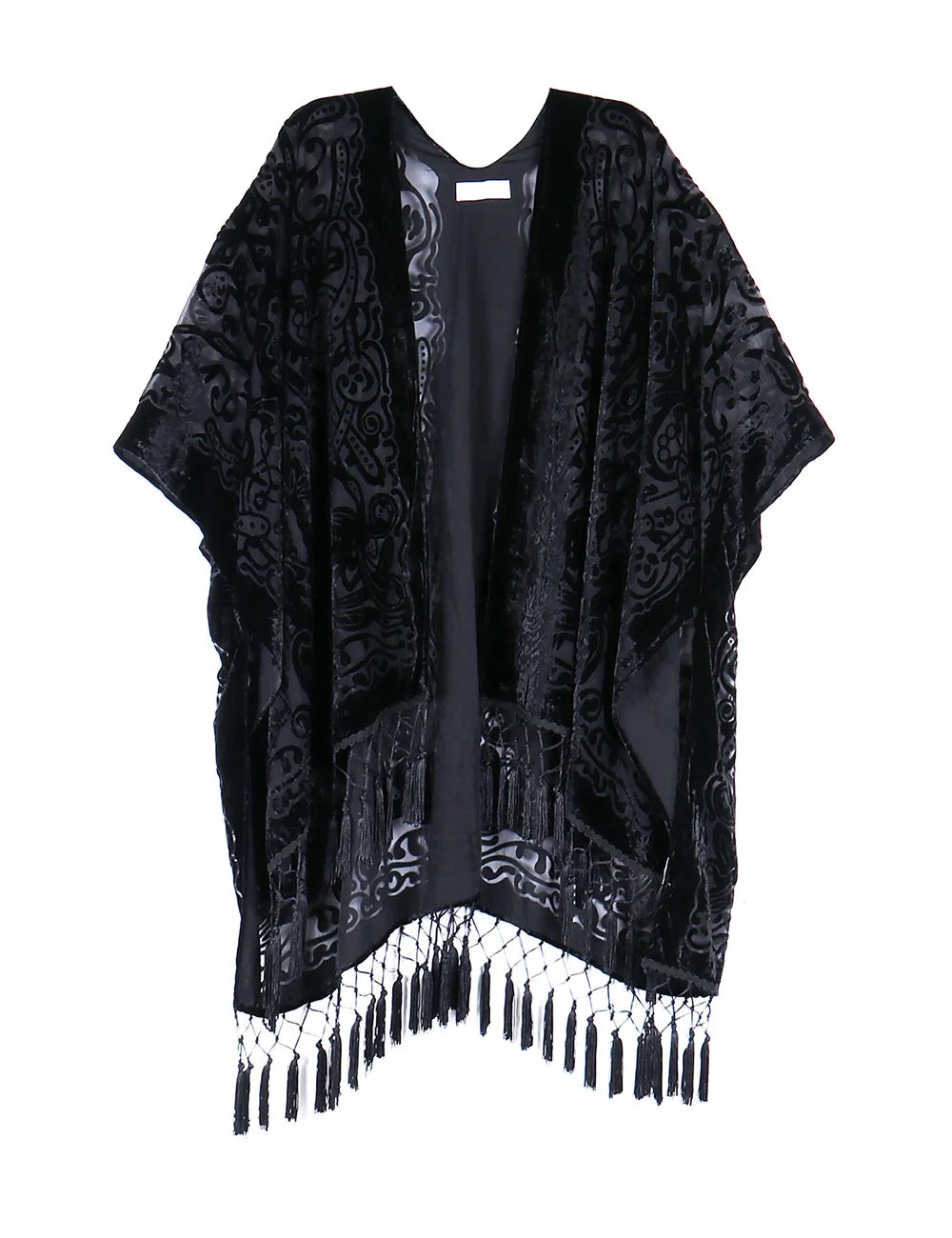 Classic Black Sheer Kimono with Peacock Design Cocktail Party Shawl with Fringe for Festival Celebrations