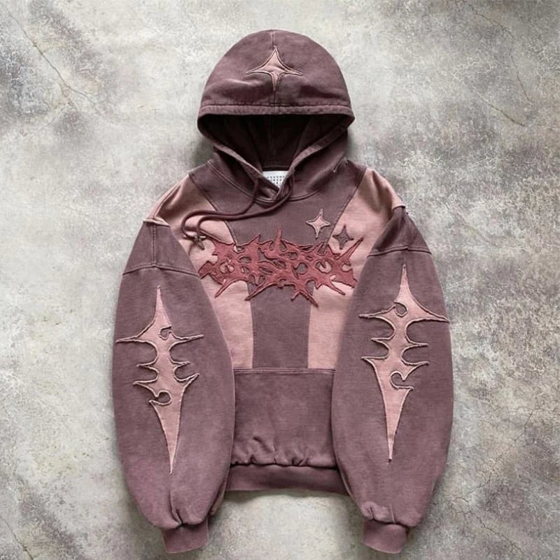 Custom Cotton No String Graphic Embroidery Patches Vintage Patchwork Two Tone Streetwear Acid Washed Sun Fade Zip up Hoodies
