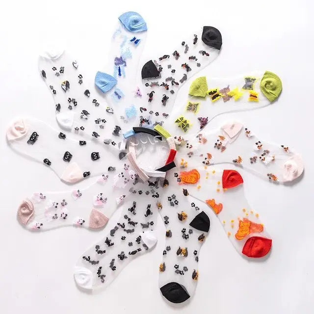 2021 Wholesale Trend Cute Animals Sock Transparent Crew Socks for Women Teenage Spring Summer