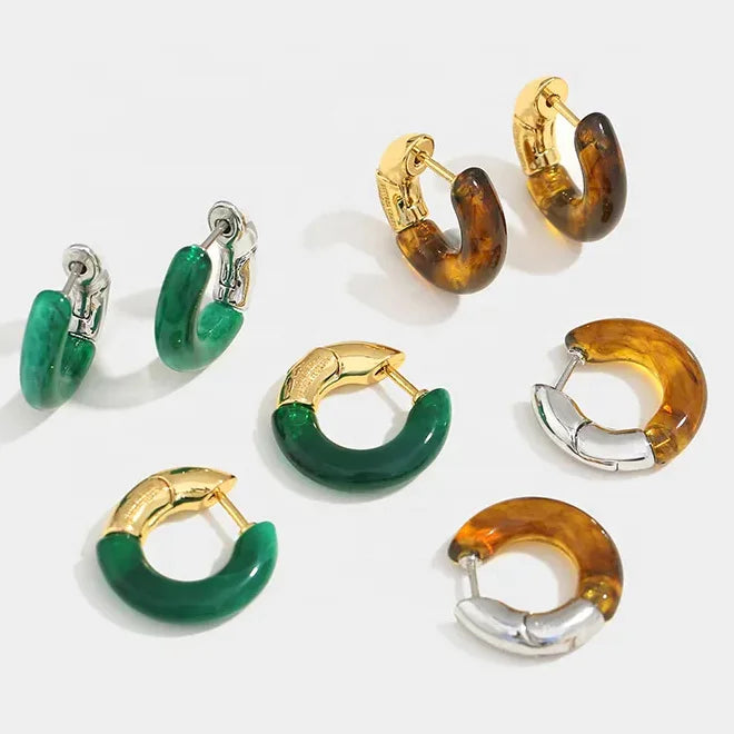 Fashion Simple Brass Gold Plated Emerald Green Amber Resin Metal Splicing Clashing Hoop Earrings