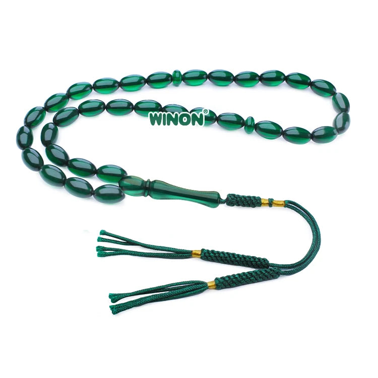 Winon Wholesale Olive Dark Green Bakelite Amber Tasbih Oval Muslim Prayer Beads 33 Beads Handmade with Tassels Mibaha
