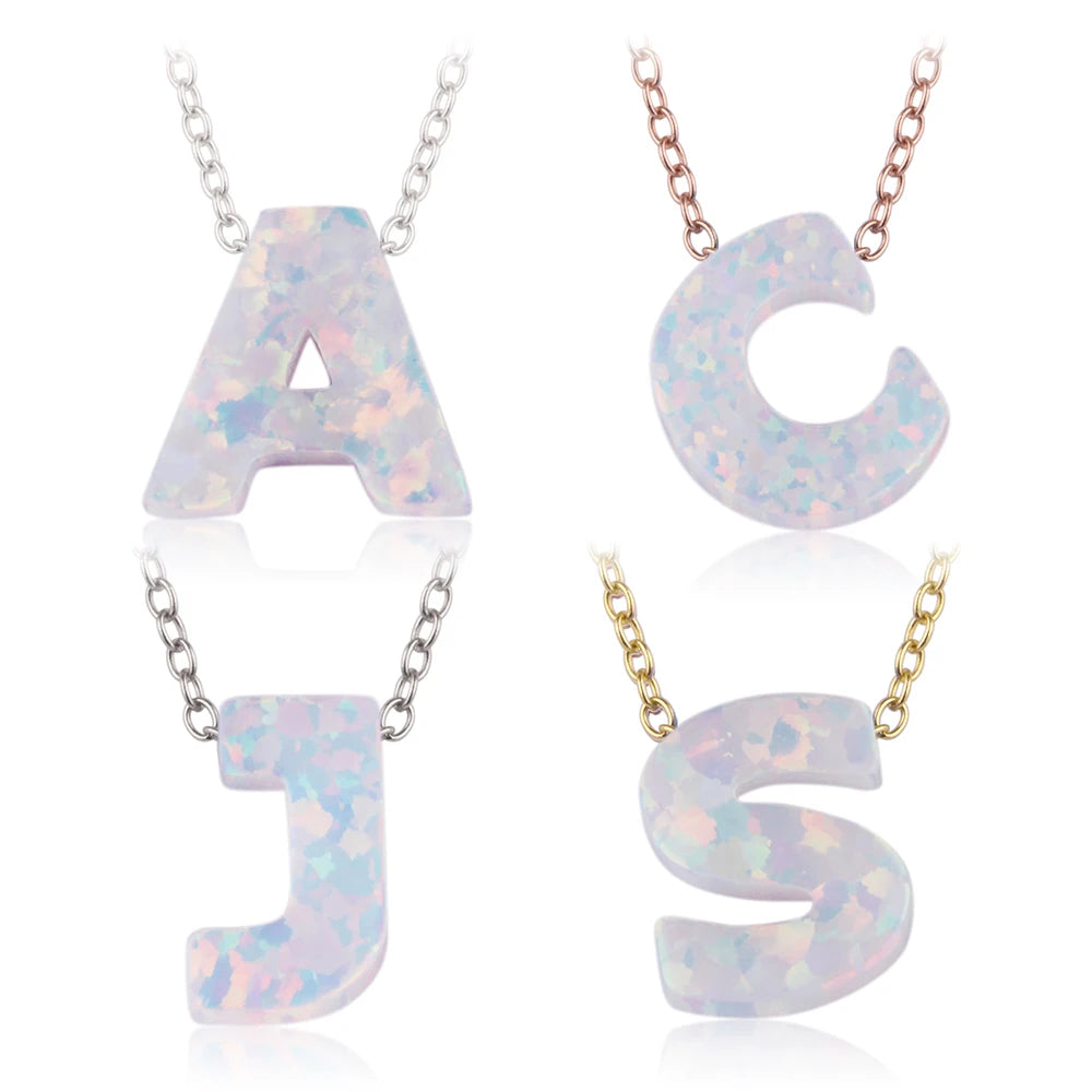1 Piece Alphabet Letter Pendant Necklace Sterling Silver Cross Chain 18 Inches White Opal Pendant Necklace for Women