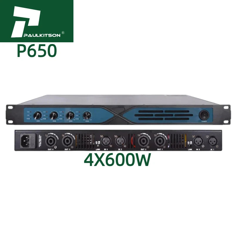 Paulkitson P650 Professional Digital 4x600W 4-Channel Class D Power Amplifier with 8ohm 4ohm Impedance Audio Amplifier for Sale