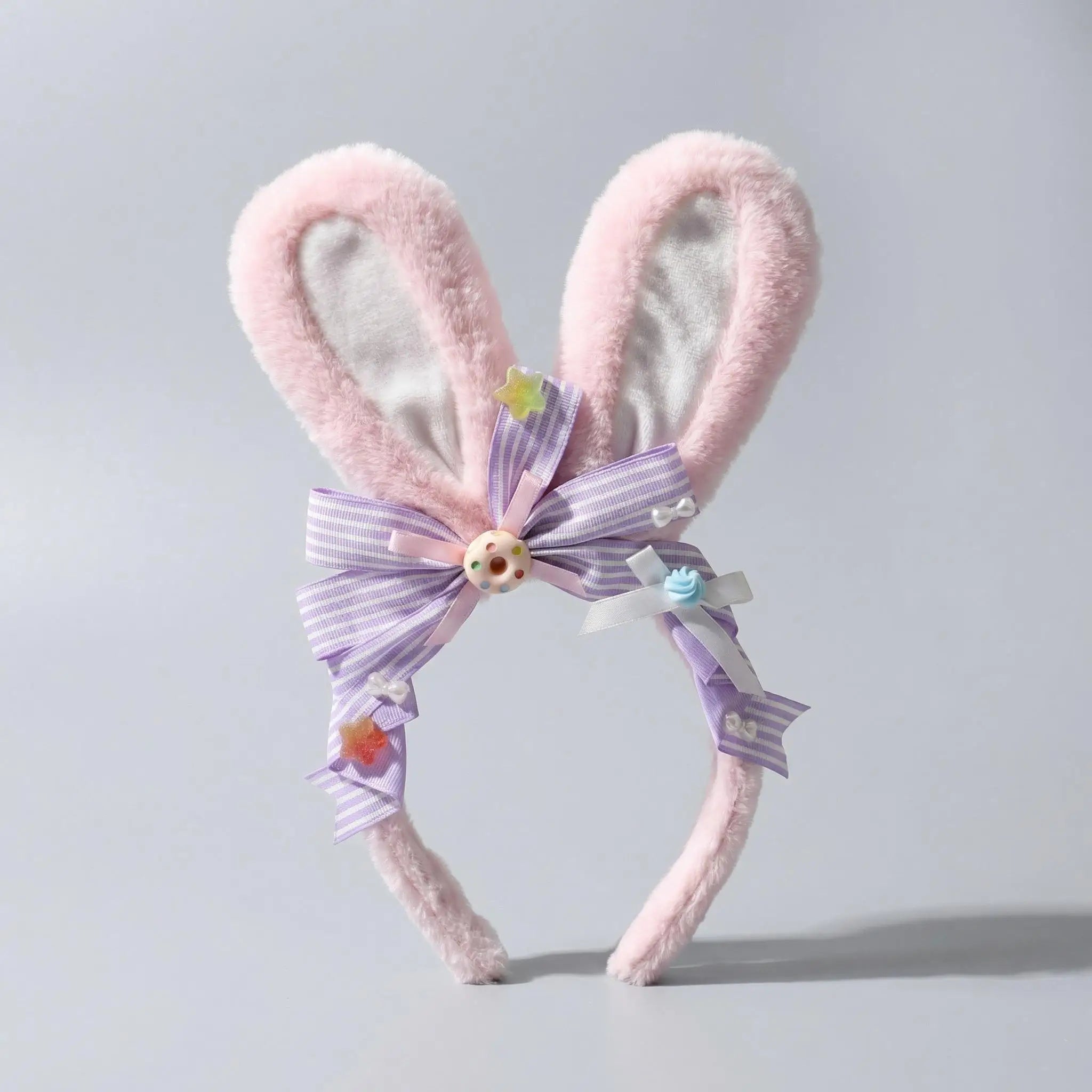 E0026 Plush Bunny Ear Headband with Bow & Donut Decor Cute Sweet Style Hair Accessory for Cosplay Lolita & Daily Wear
