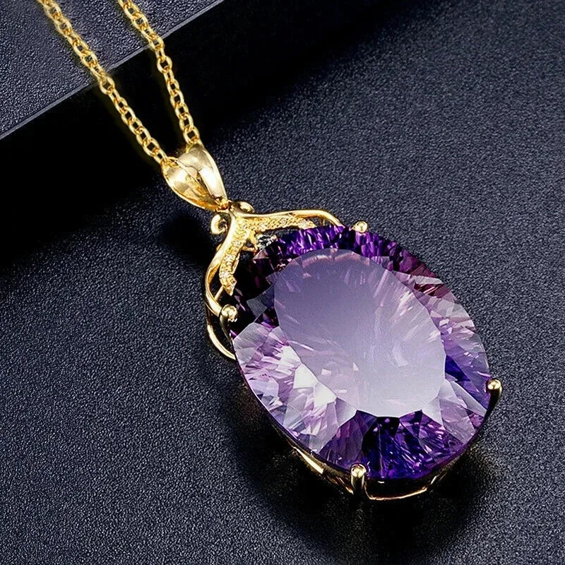 CAOSHI Customable Elegant Big Oval Shaped Purple Crystal Cubic Zirconia Necklace for Wedding Gold Plated Pendant Necklaces Women