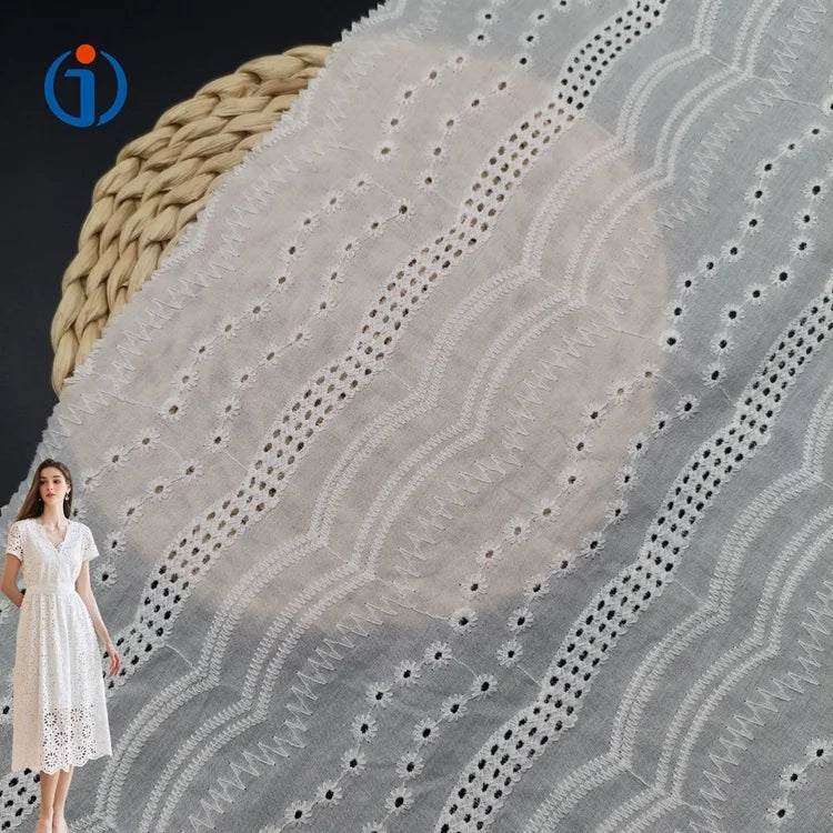 Manufacture Woven 100% Cotton Swiss Voile Lace White Pink Wave Stripe Poplin Eyelet Embroidery Fabrics Girl Dress