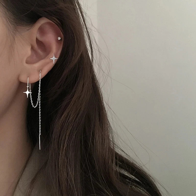 New Elegant Charm Moon and Star Pendant Earrings Asymmetric Star Half Round Long Tassel Drop Earring for Women