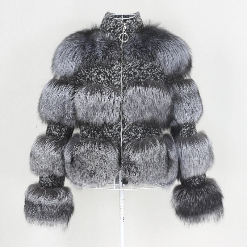OFTBUY 2021 Women's Casual Winter Jacket Natural Raccoon Fur Weave Wool Stand Collar Plaid Real Silver Fox Fur Streetwear Style