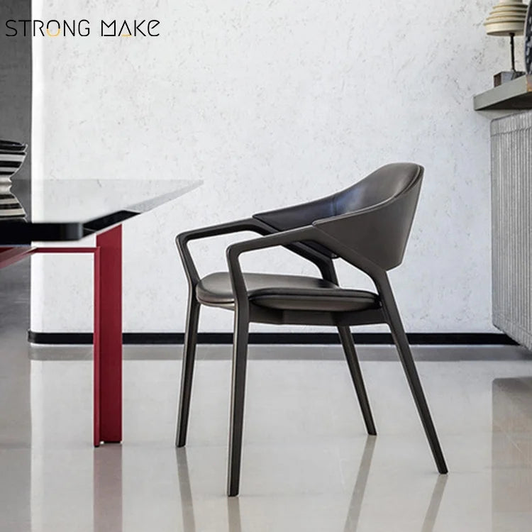 Italian Luxury Modern Black Leather Hotel Cafe Bistro Design Upholstered Restaurant Furniture Wooden Dining Chair With Arm