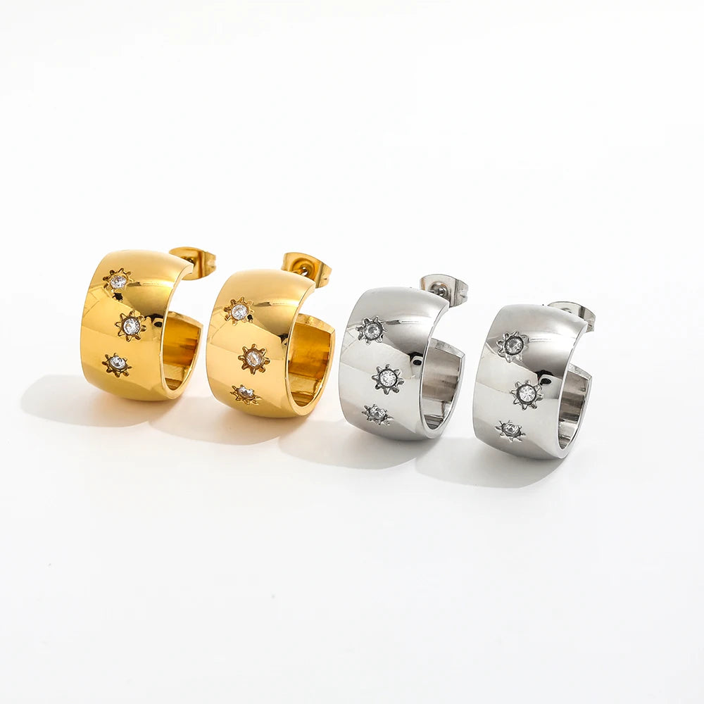 Trendy Earring 18K Gold Plated Cambered Band C Dainty Zirconia CNC Hoop Earrings Stainless Steel Earrings Wholesale