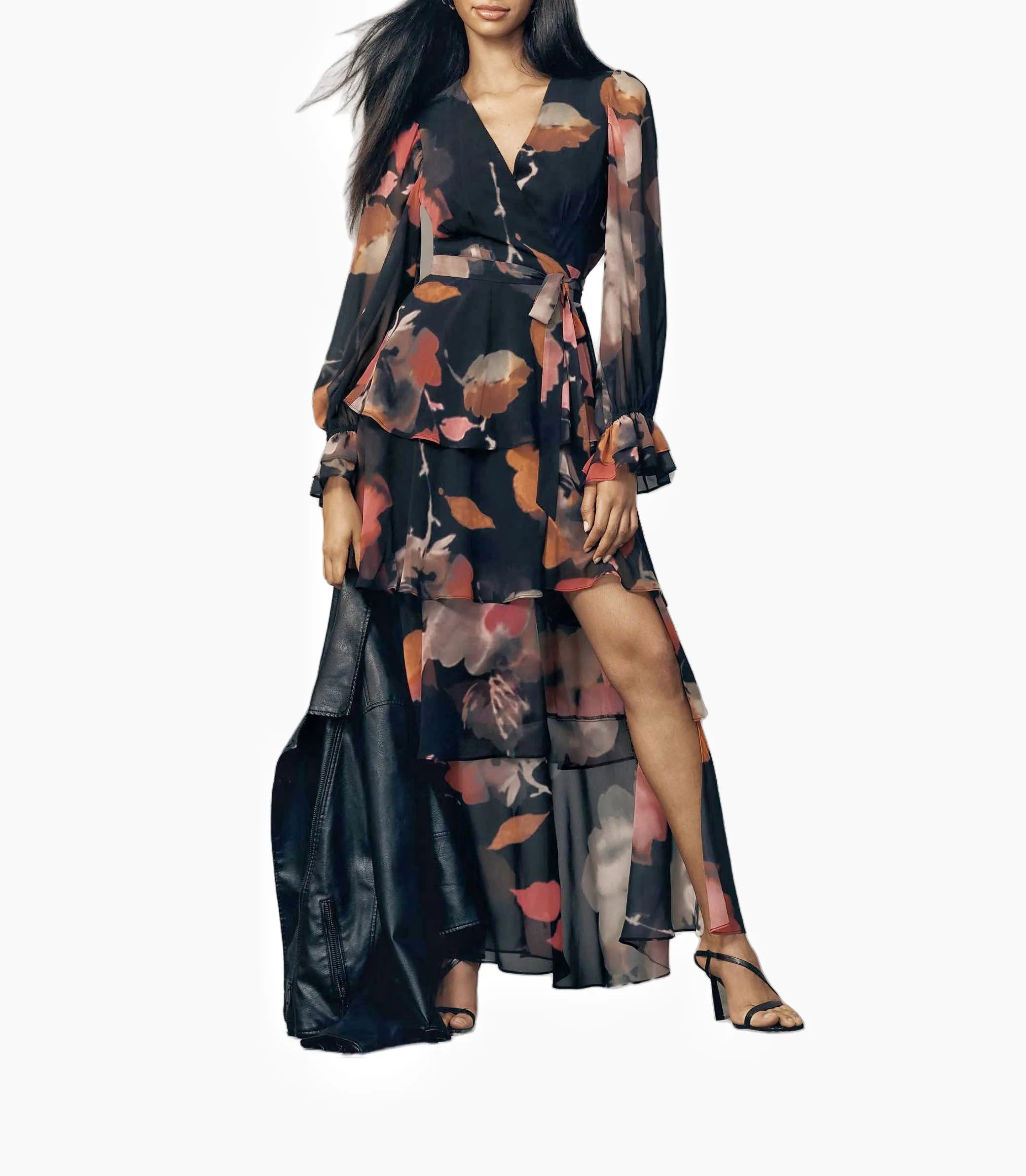 New for 2024 V-Neck High-Waisted Puff Sleeves Pattern Women Muslim Dress