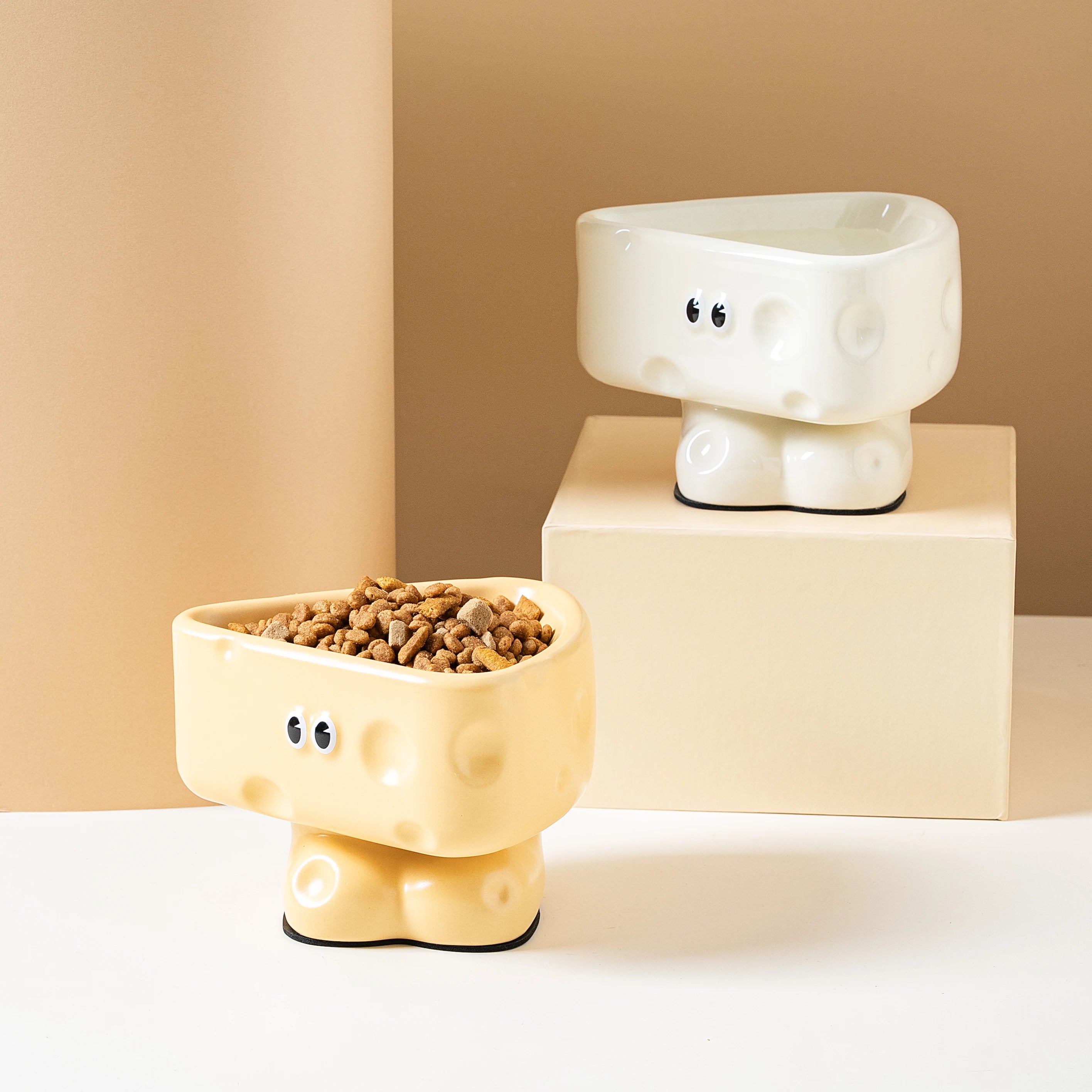 High-Legged Ceramic Cat and Dog Bowl Black & Killing-Proof Splash-proof with Solid Pattern Multi-Cat Food Bowl