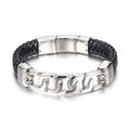 Luxury Jewelry Stainless Steel Magnetic Clasp Genuine Leather Bangle Bracelet for Men