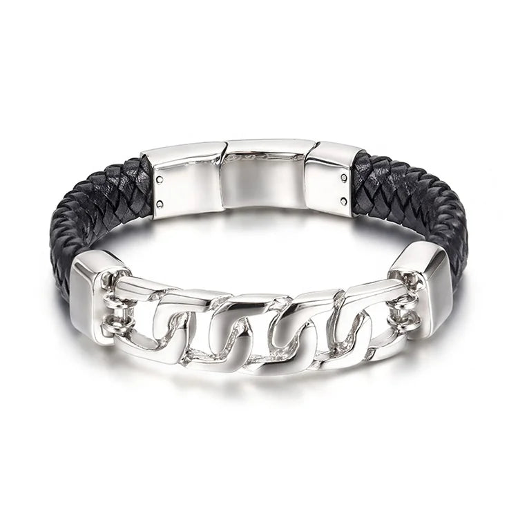 Luxury Jewelry Stainless Steel Magnetic Clasp Genuine Leather Bangle Bracelet for Men