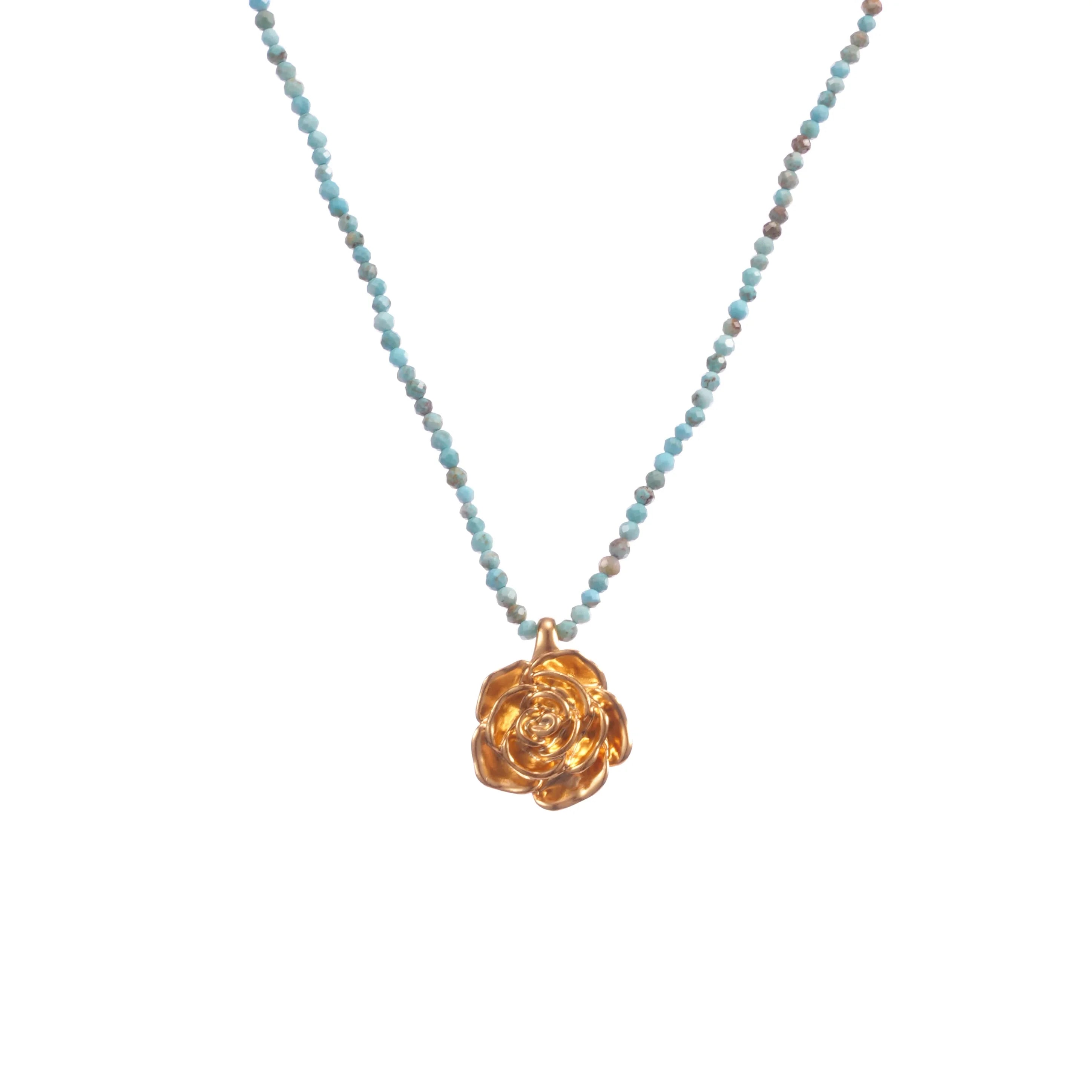 Light Luxury Real Gold Plated Brass Rose Flower Pendant with Blue Beads Necklace for Women Fashion Jewelry