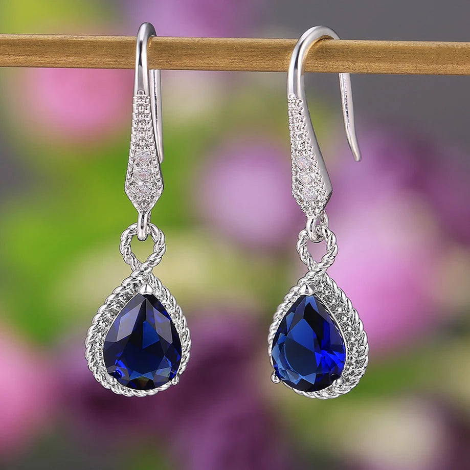 Huitan Romantic Royal Blue Water Drop Dangle Earring Vintage Carved Brilliant Gemstones Lady Elegant Pear Noble Earrings Women