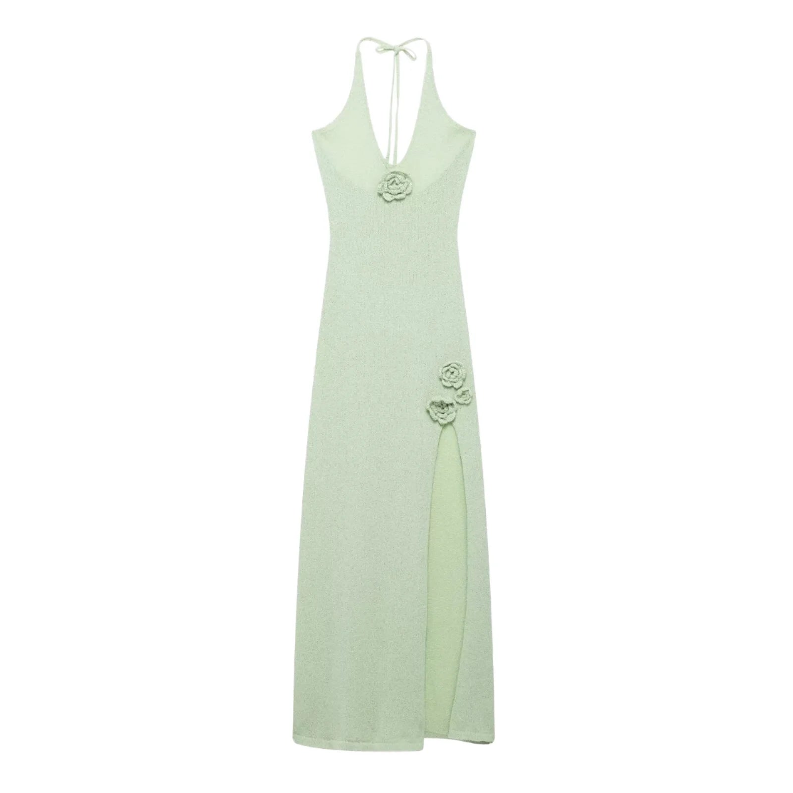 STOCK V-NECK Plunge Slit Summer Dress 3D Flower Details Backless Maxi Dress Women Clothing
