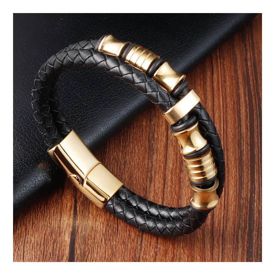 Double Row Magnetic Closure Stainless Steel Jewelry Durable PVD Black Slider Bead Men Braided Real Leather Bracelet Gold Plated