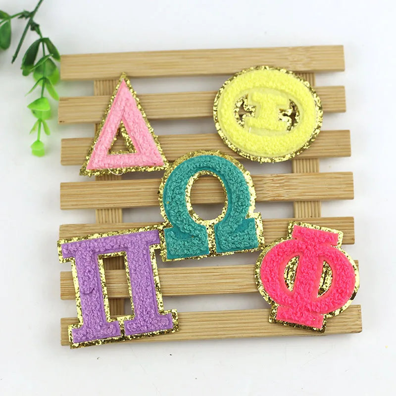 Wholesale White Greek Letter Towel Embroidered Patch Golden Onion Powder DIY Embroidery Chapter Adhesive