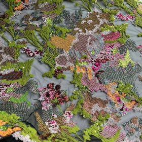 Latest Couture Multicolor Flocked Cross Stitch With Sequins Mesh Embroidery Dress Sequins Fabrics