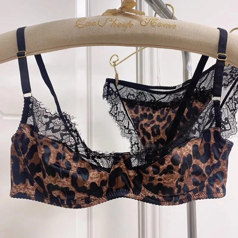 French Ultra-thin Sexy Leopard Print Half Cup Lace Underwear Push-up Anti Sagging Soft Steel Ring Women's Bra Sets