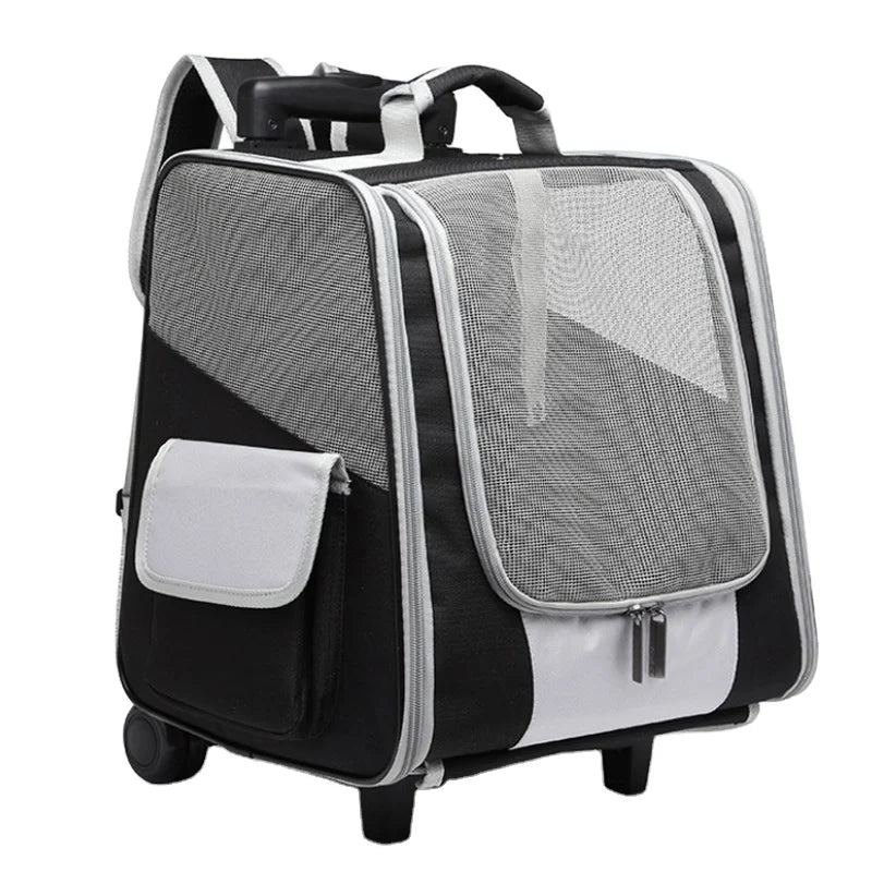 Wheeled Pet Carrier Backpack Breathable Two in One Comfort Cat Backpack Removable Rolling Wheels Trolley Cat Dog Travel Bag