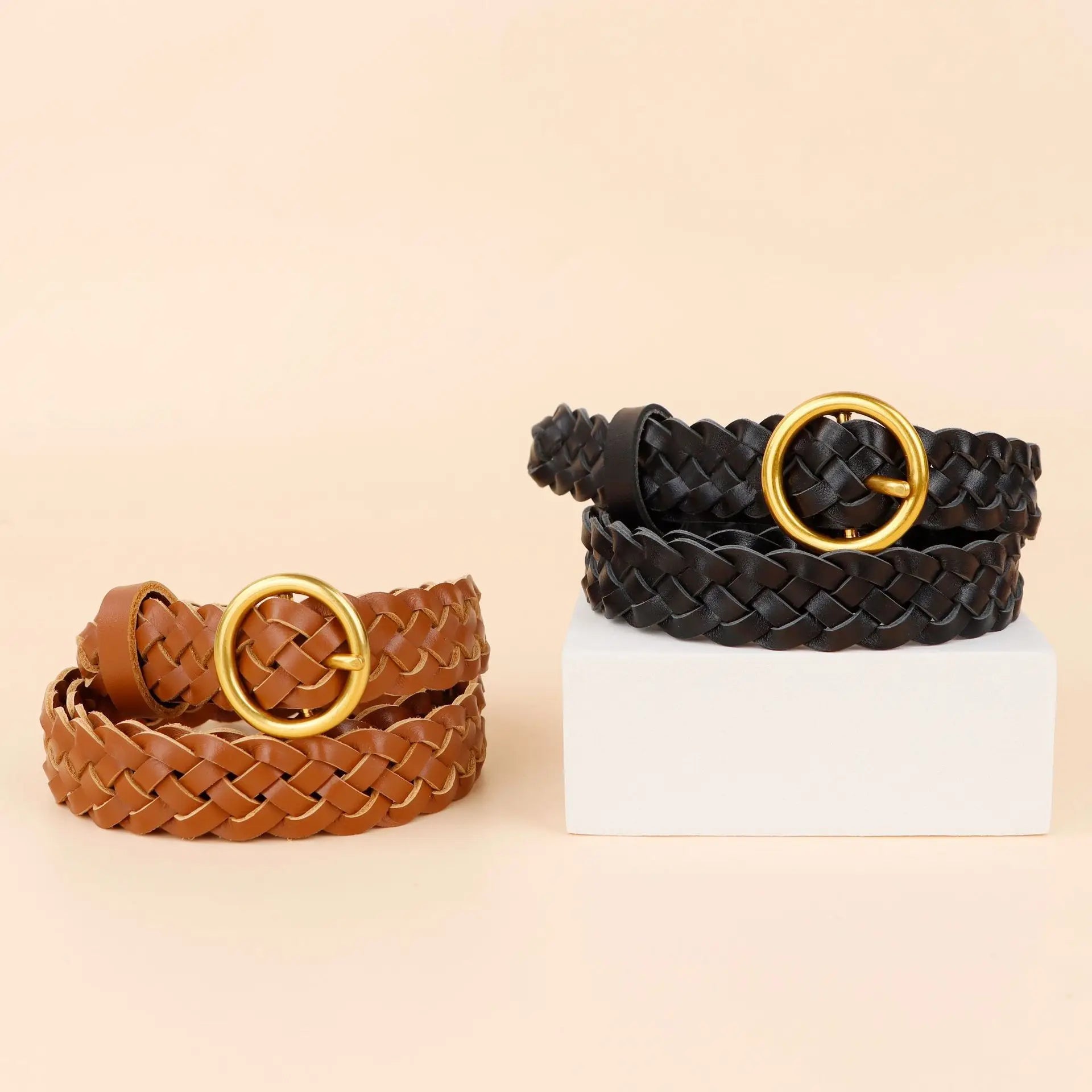 Custom Personalized Women Woven Thin Girls Braided Belts Cow Leather Lady Dress Chain Belt Casual Webbing Strap Belt