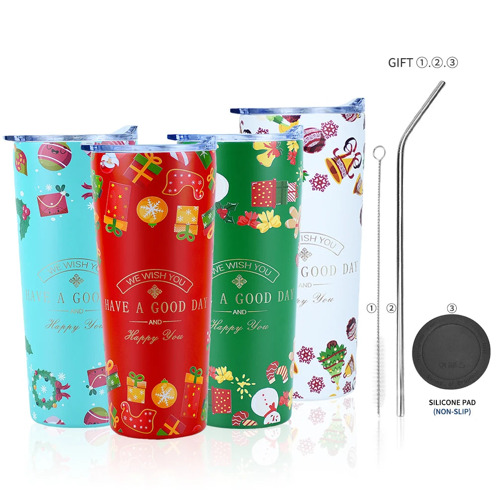 22oz Festival Gift Coffee Tumbler 3D Christmas Pattern Insulated Double Wall Stainless Steel Vacuum Flask with Straw