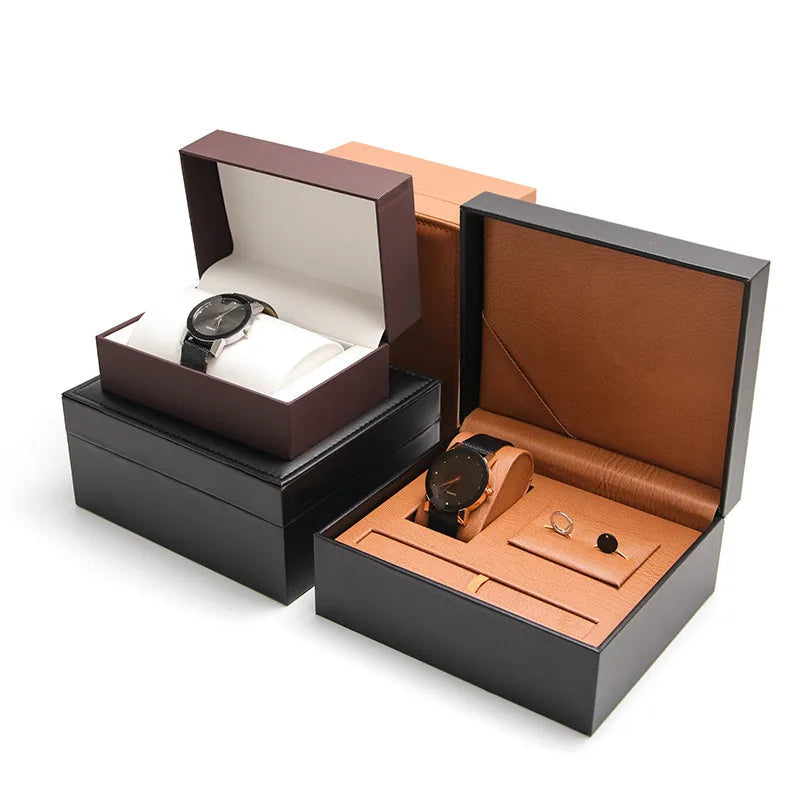 PU Leather Elegant Watch Band Brooch Cufflink Gift Set Strap Tool Sleeve Button Storage Case Organizer Box