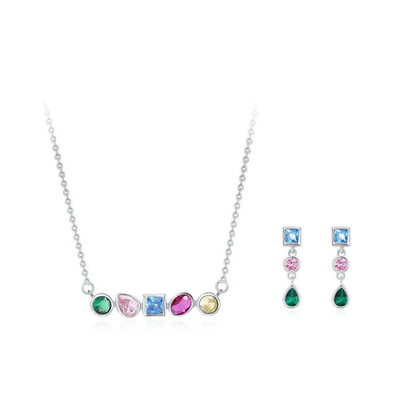 New Arrival S925 Sterling Silver Geometric Colorful Zircon Inlaid Clavicle Chain High Jewelry Necklace Earrings Two-piece Set