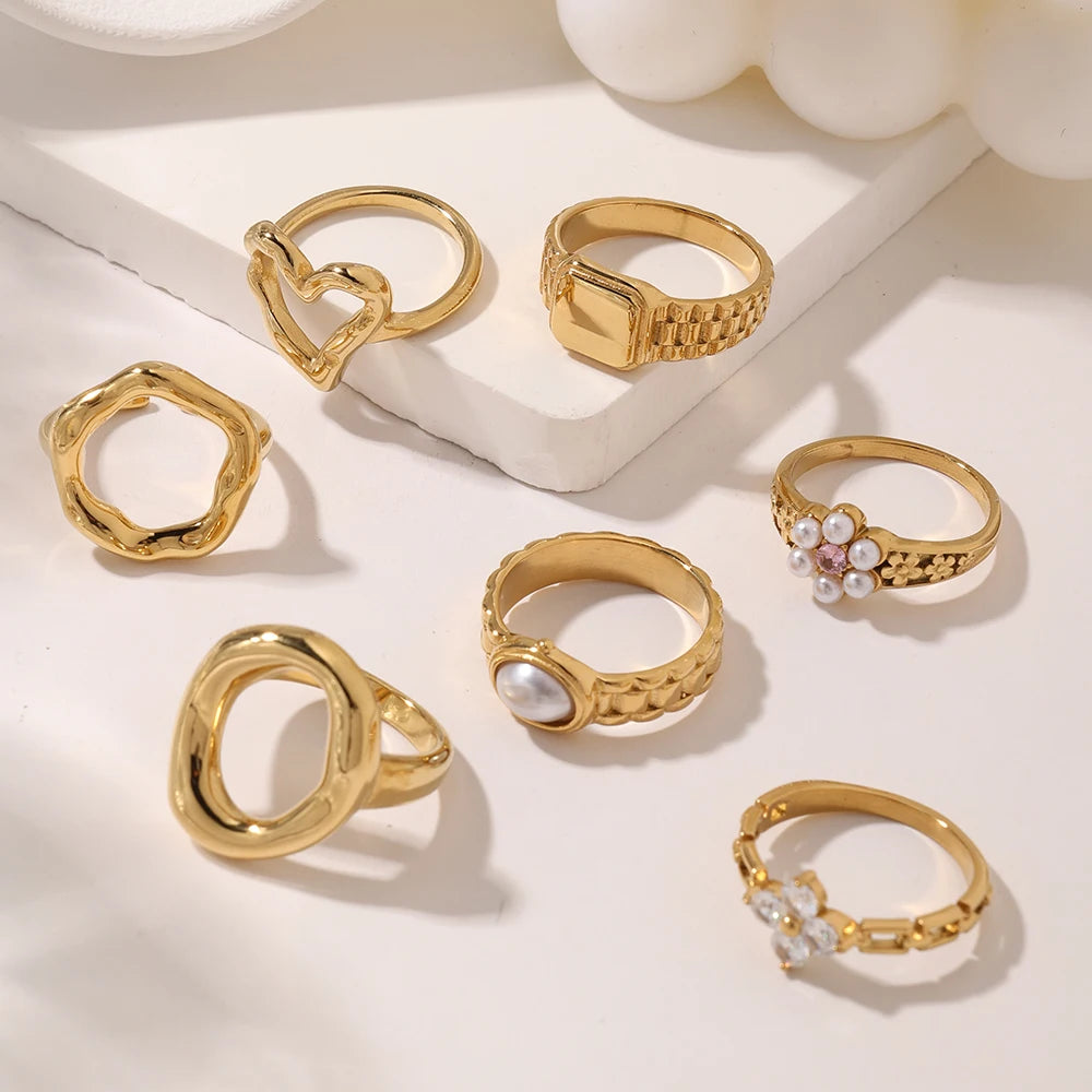 Women Non-Tarnishing Designer Rings Mini Pearl Beads 18K Gold Plated Finger Bands Pink Zircon Inlaid Stainless Steel Rings Set