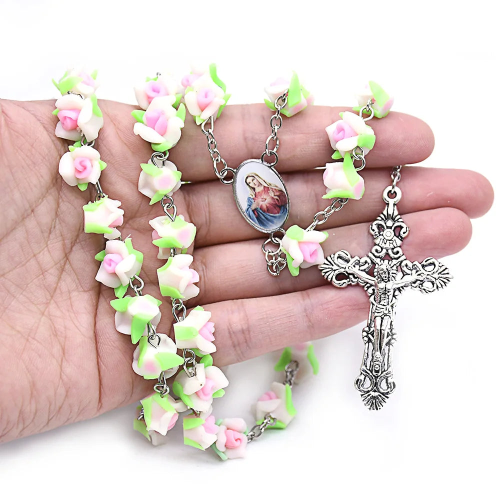 Multi Color Bead Rosary Cross Necklace Soft Ceramics Maria Christian Long Jesus Cross Pendant Handcraft Religious Jewelry