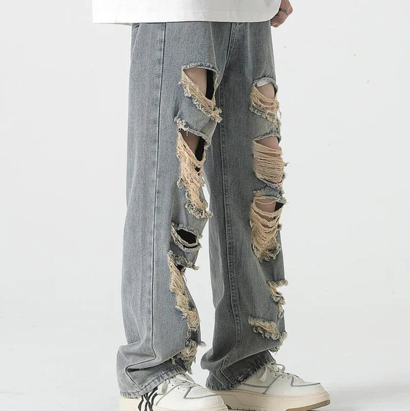 High Street Ripped Jeans Men's Loose Straight Washed Trousers Hip Hop Designer Jeans for Men