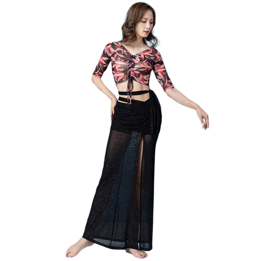 Women's Belly Dance Exercise Professional Cross V-neck Mesh Costumes Suit