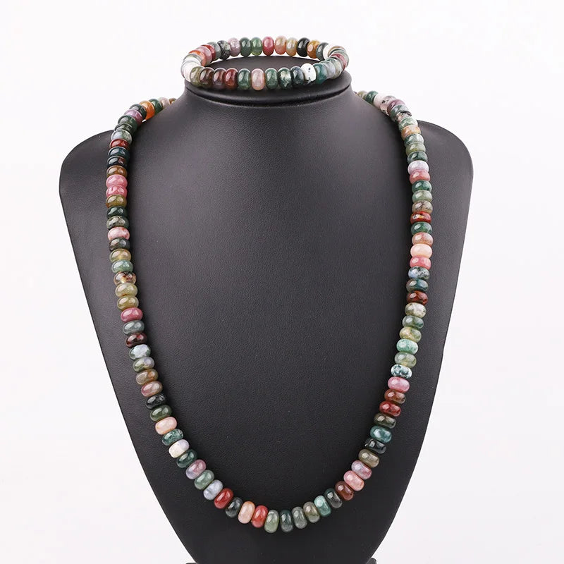 New Fashion Natural Stone 5x8mm Beads Elastic Bracelet Stainless Steel OT Clasp Necklace Jewelry Set Women