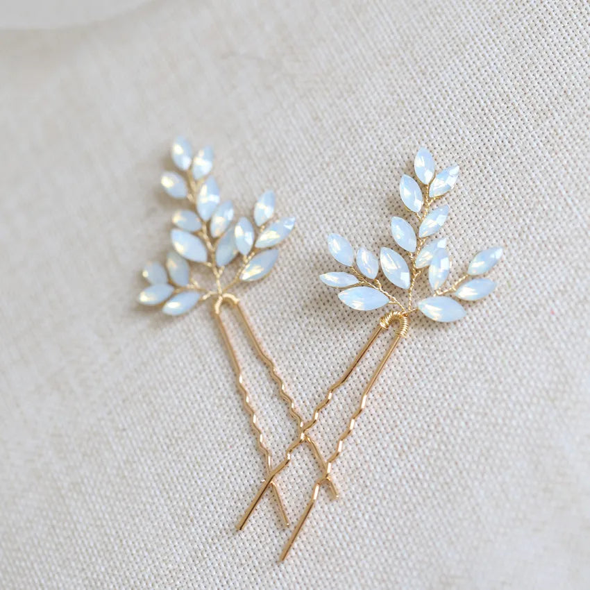 SLBRIDAL 3 Colors Alloy Opal Crystal Wedding Hair Pin Stickers Bridal Hair Piece Accessories Women Bridesmaids Hair Jewelry