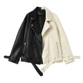 Spring and Autumn Lapel Stitching Pu Leather Jacket Female Imitation Soft Leather Coat Casual Loose Coat With Belt
