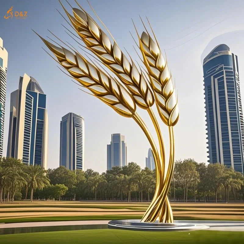 Outdoor Large Garden Decor Modern Metal Gold Coating Art Giant Stainless Steel Polish Farm Crops Wheat Ear Statue Sculpture