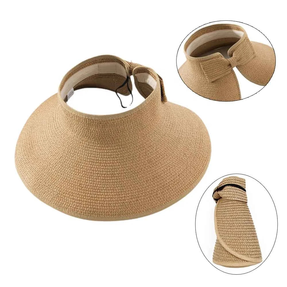 24 Colors Breathable Bowknot Ponytail Beach Paper Straw Hat UPF 50+ Sun Summer Wide Brim Foldable Straw Visor Hat Women