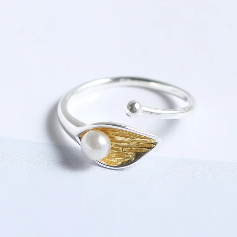 Italy Squillare Plata Anillo Sterling Silver 925 Gingko Open Ring Gingko Leaf Shell Pearl Rings for Women