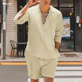 Men's Linen Cotton Anti-Wrinkle Breathable Stand Collar Casual Sofa T-Shirt and Two-Piece Summer Shirt Set