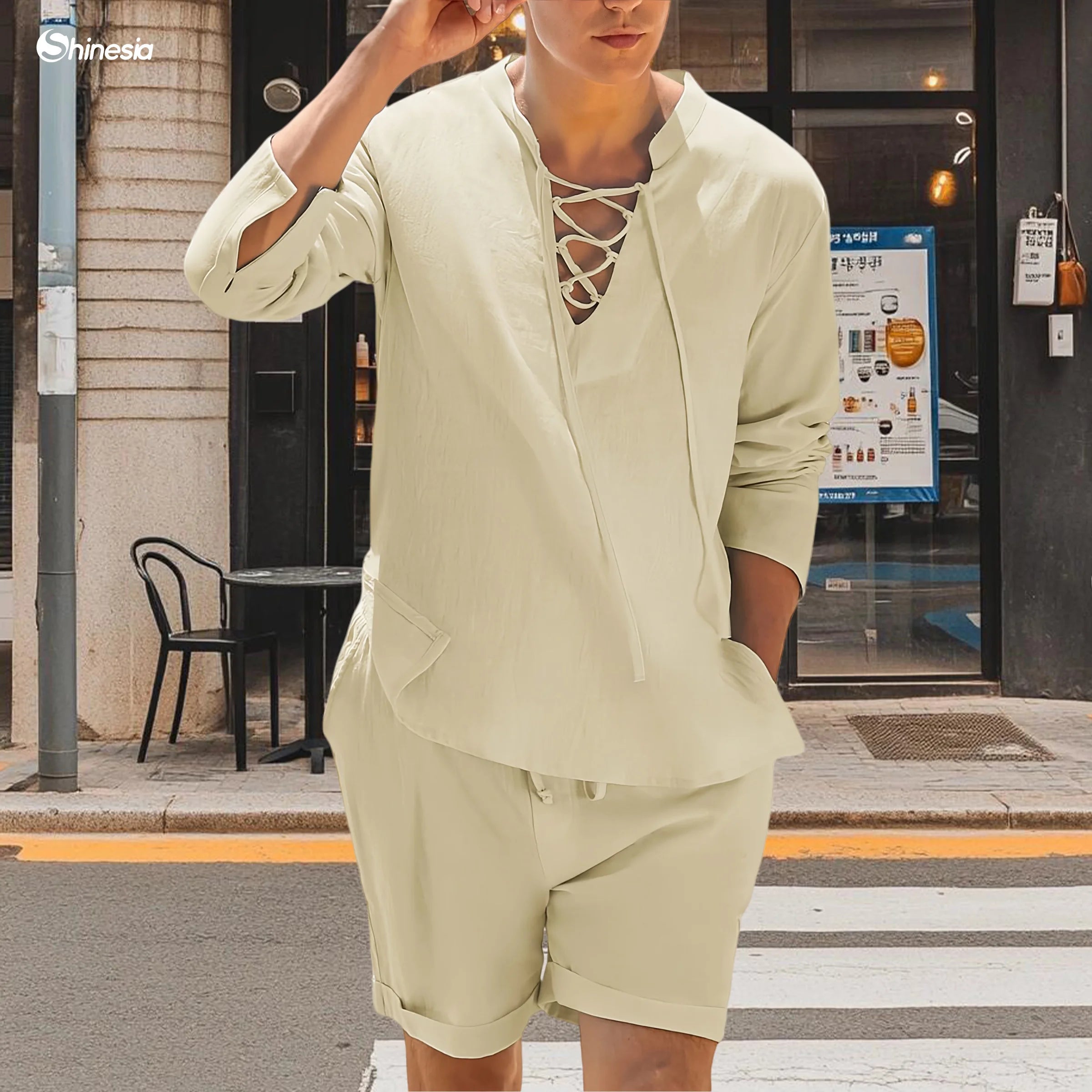 Men's Linen Cotton Anti-Wrinkle Breathable Stand Collar Casual Sofa T-Shirt and Two-Piece Summer Shirt Set