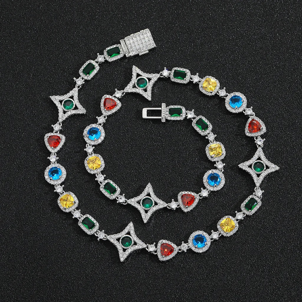 Hip Hop Luxury Jewelry Set Iced Out Diamond Link Bracelet Chain Set Men Women Colorful Cubic Zirconia Gemstone Necklace