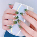 Custom Stick on Nails French Long Coffin Gold Glitter Light Green Artificial Fingernails with Rhinestone Acrylic False Nails