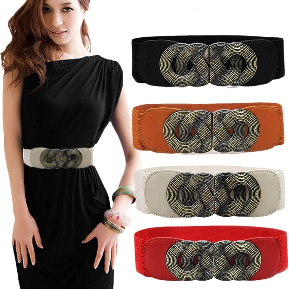 European American Fashion All Match Elastic Waist Belt for Women Bronze Buckle Girdle Belt