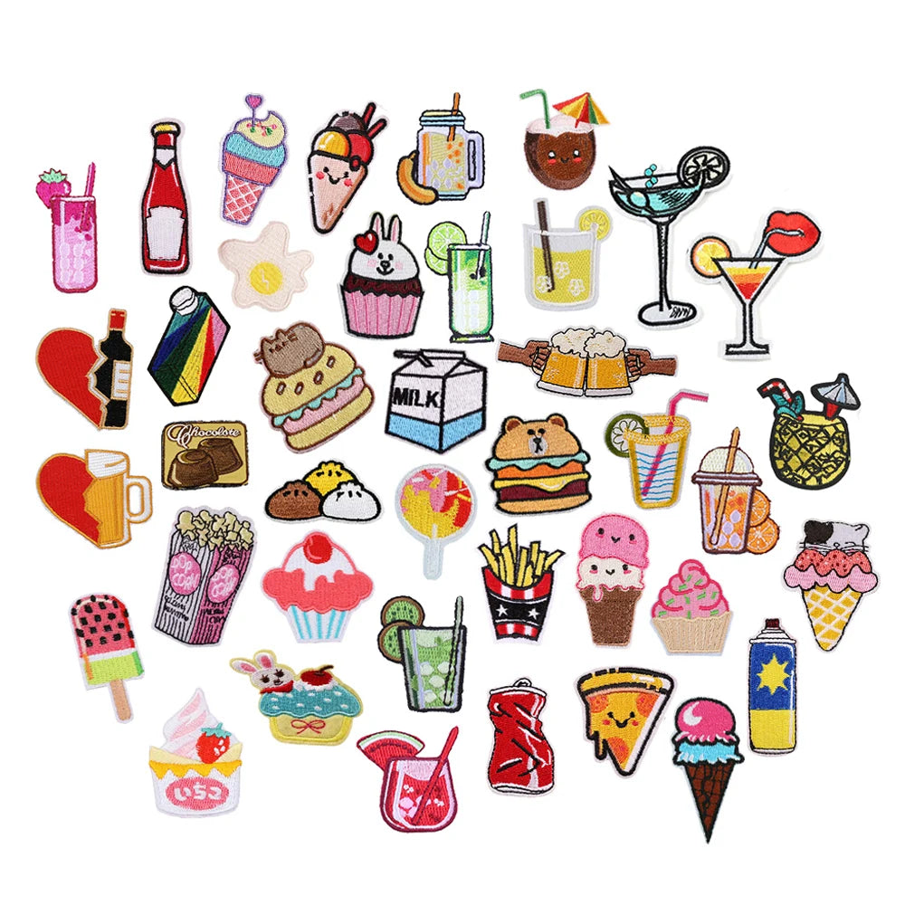 Hot Sale Low Moq Cocktail Fruit Juice Drink Ice Cream Cupcake Sweet Snack Design Iron on Embroidered Food Patches for Clothes