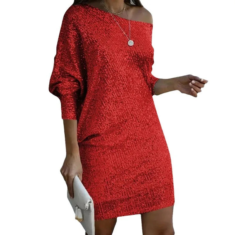 RNSHANGER New Women's Sequin Dresses Casual Women Long Sleeve Evening Party Oblique Shoulder Dress Midi Ladies Dress