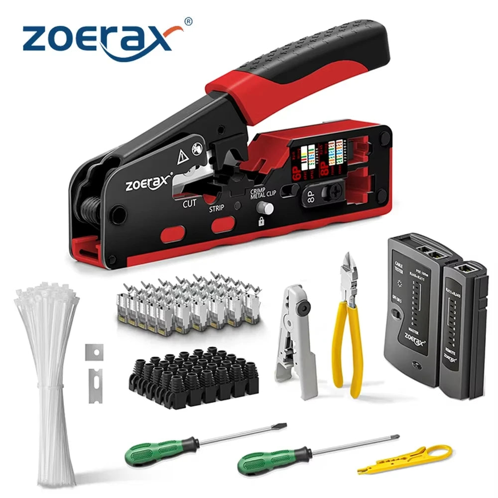 ZoeRax 11-in-1 RJ45 Crimping Tool Kit-Industrial Grade High Carbon Steel CAT7 Support Pass Crimper for Cat5/Cat5e/Cat6/Cat6a