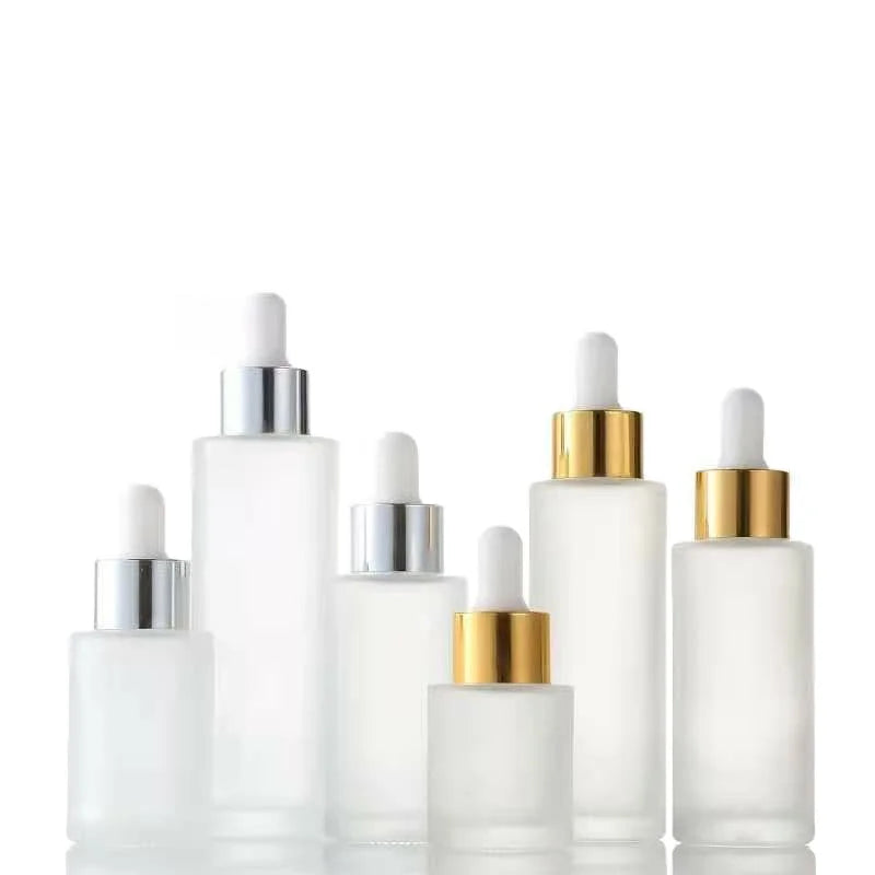 Customized 20ml 30ml 40ml 50ml 60ml 80ml 100ml White Frosted Glass Cosmetic Serum Cylinder Flat Shoulder Dropper Bottle