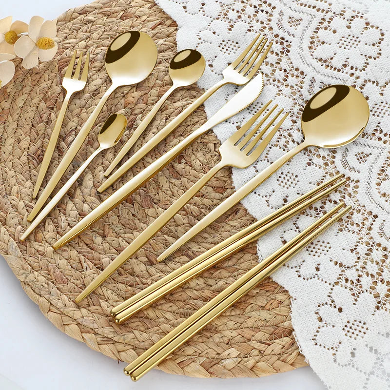 Stainless Steel Gold Cutlery Set Hotel Steak Knife and Fork Dessert Spoon Chopsticks Wedding Silverware Cutlery Set